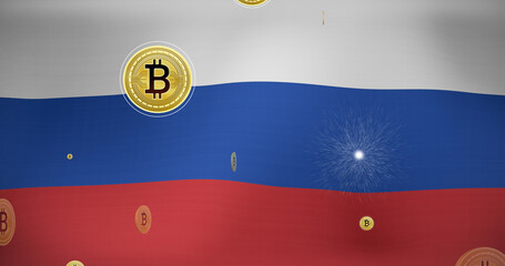 Image of bitcoin symbols over flag of russia