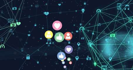 Image of emoji icons over networks of connections on black background