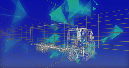 Image of truck project over blue background with shapes