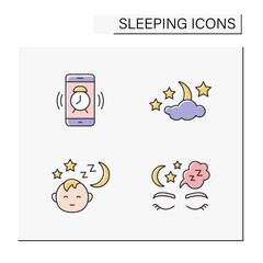 Sleeping color icons set. Nighttime with moon, stars and cloud. Alarm clock. Sleep in comfortable bed. Deep resting concept. Isolated vector illustrations
