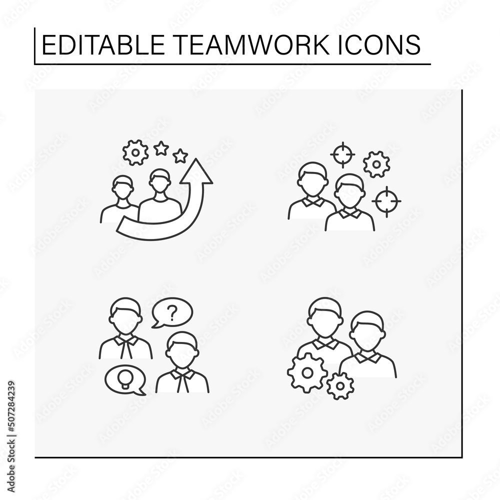 Poster teamwork line icons set. effective and efficient work of workers, target, discussion, cooperation. t