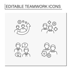 Teamwork line icons set. Effective and efficient work of workers, target, discussion, cooperation. Teamwork concept. Isolated vector illustrations. Editable stroke