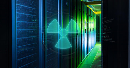 Image of nuclear symbol over data processing and server room