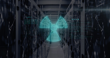 Image of nuclear symbol over data processing and server room