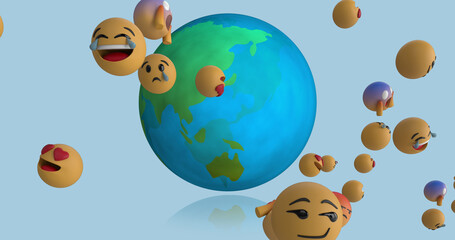 Image of emoji icons over globe on blue background