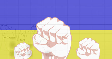Image of data processing and fists over flag of ukraine