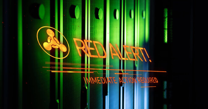 Image of red alert text and symbol over server room - Powered by Adobe