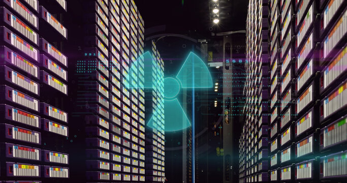 Image of nuclear symbol over data processing and server room - Powered by Adobe