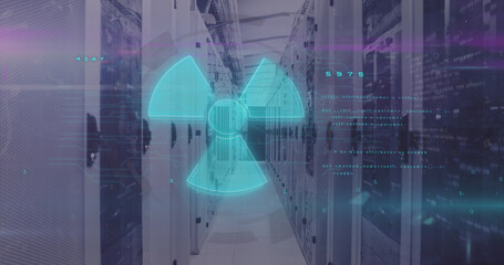 Image of nuclear symbol over data processing and server room