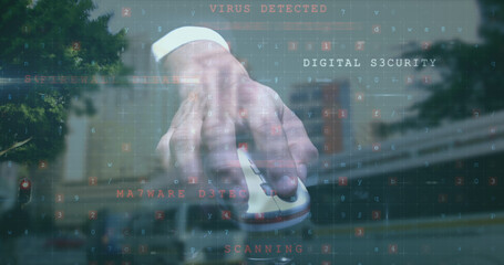 Image of data processing over caucasian hacker