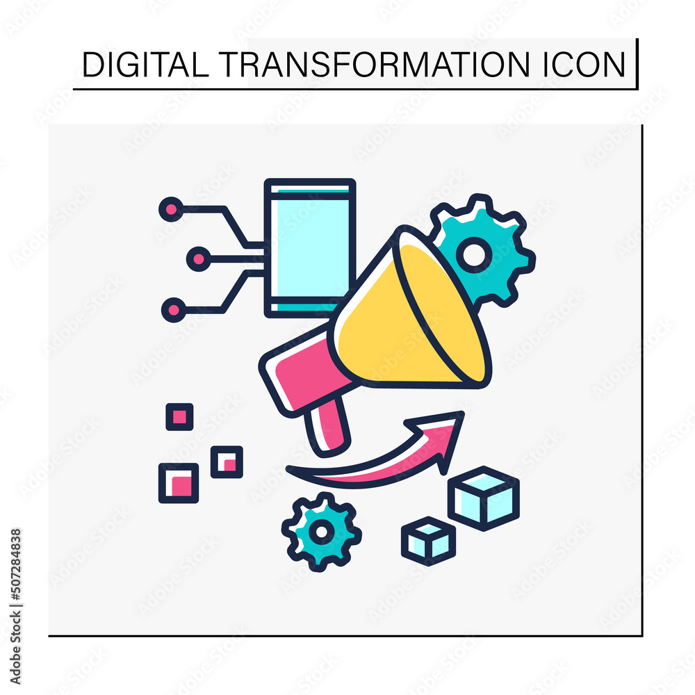 Poster promoting color icon. share information by smartphone. megaphone. modern technologies. digital trans