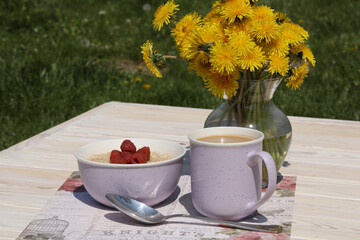 breakfast with porridge and coffee