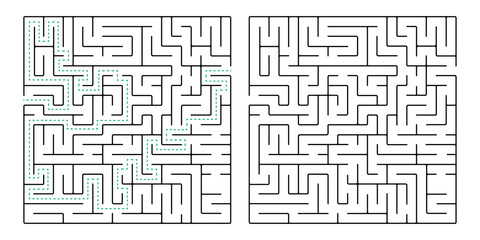 Square maze, a simple logic game with labyrinths. Vector maze game.