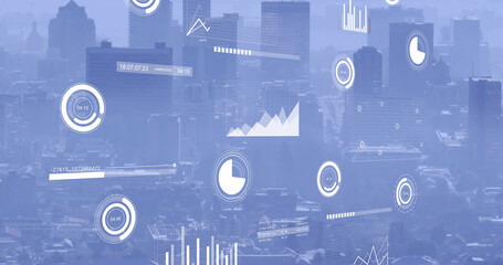 Image of data processing over cityscape