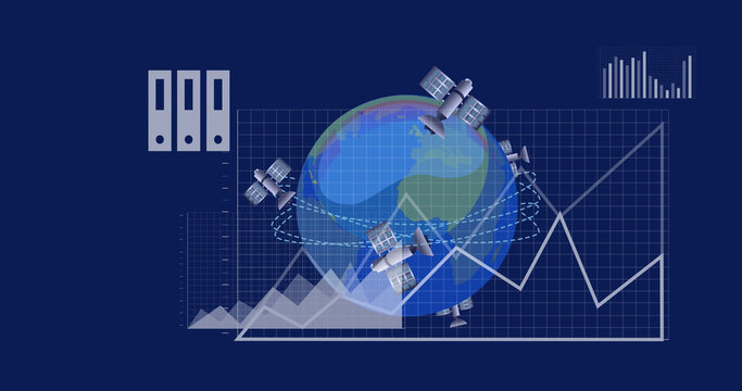 Image of data processing and globe over blue background