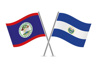 Belize and El Salvador crossed flags. Belizean and Salvadoran flags on white background. Vector icon set. Vector illustration.