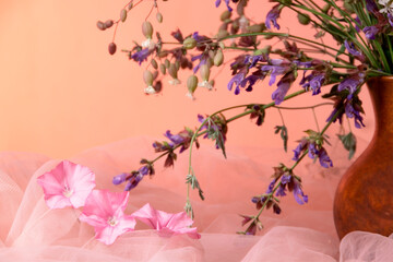 Still life with blossom sage and wildflowers in pink tones