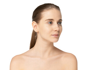 Portrait of young beautiful girl with no makeup face posing isolated over white studio background. Taking care after skin