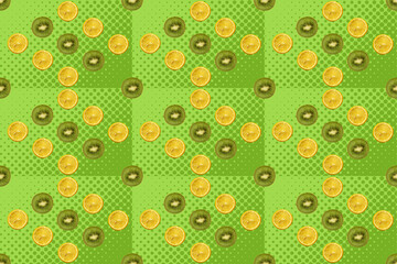 fresh vitamin fruit kiwi, yellow lemon, orange slices, modern bright pop art texture, seamless pattern, geometric colored background, green basis for designer concept of vegetarian, healthy eating
