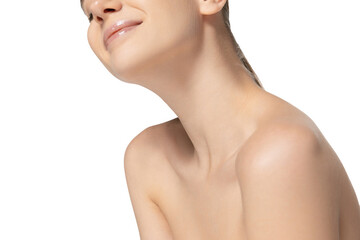 Cropped image of tender female body, neck and shoulders isolated over white studio background. Natural beauty