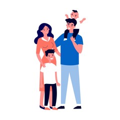 Happy big family standing together flat vector illustration. Grandma, grandpa, mom, dad, children, and pet. Smiling cartoon character