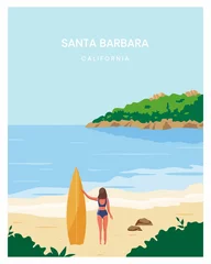 Fotobehang Santa Barbara beach with girl holding surfboard, Vector illustration background. Suitable for poster, postcard, template. © Butter Bites