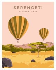 The Serengeti national park. Nature of Tanzania with hot air balloon safari. Vector illustration background for poster, postcard, art print. - obrazy, fototapety, plakaty