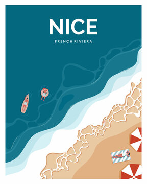 Nice French Riviera beach poster. vacation people swimming and sunbathing on the beach. vector illustration landscape with minimalist style.