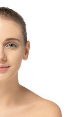 Fototapeta premium Half-face portrait of young beautiful woman with perfect clean skin and no makeup isolated over white studio background. Tenderness