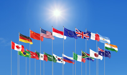 20 flags. G20 Bali summit is the upcoming seventeenth meeting of Group of Twenty, Bali, Indonesia in 2022. Blue sky background. 3d Illustration.