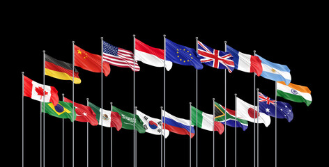 20 flags. G20 Bali summit is the upcoming seventeenth meeting of Group of Twenty, Bali, Indonesia in 2022. Black background. 3d Illustration.