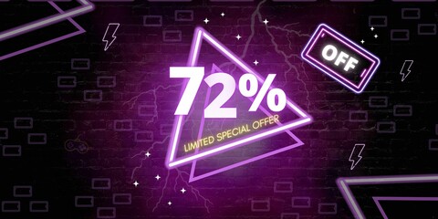 72% off limited special offer. Banner with seventy two percent discount on a black background with purple triangles neon