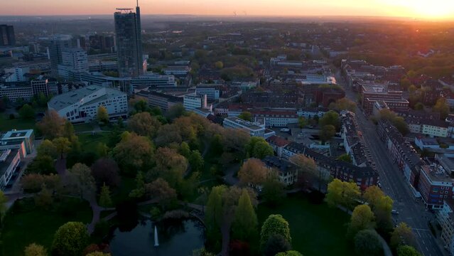 Essen aerial cityscape, beautiful scenic sunset timelapse. German modern city.
