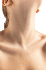 Naklejka premium Close-up image of slim beautiful female neck and collarbones. Taking care after skin and body condition