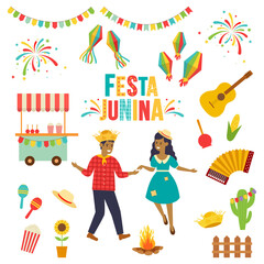 Obraz premium Vector set Festa Junina traditional Brazilian symbols of accordion, corn, guitar, sunflower, bonfire, fun dancing people, festive fireworks.