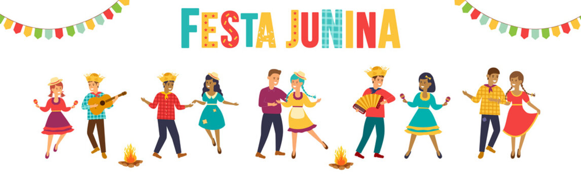 Festa Junina. Vector templates for Brazil june party. Fun dancing people.
