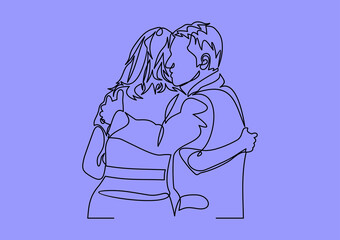 Couple hugging. Love concept. Continuous line drawing. Vector 