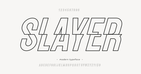 Vector slayer font slanted outline style modern typography for decoration, industrial, logo, poster, t shirt, book, card, sale banner, printing on fabric. Cool 3d typeface. Trendy alphabet. 10 eps