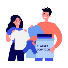 Volunteers donating clothes and food for charity flat vector illustration. Kindness and generosity concept.