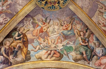Poster VALENCIA, SPAIN - FEBRUARY 15, 2022:  The ceiling fresco of angels with the music instruments in presbytery of the church Iglesia del Patriarca by Bartolome Matarana (1550-1625). © Renáta Sedmáková