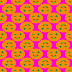 A cute psychedelic pattern consisting of smiling faces on a neon background. Seamless, vector, cartoon, pink background.
