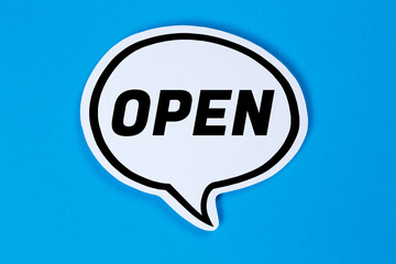 Open sign shop store cafe restaurant speech bubble communication concept