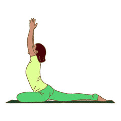 Hand drawn flat vector illustration of person who doing pigeon yoga or fitness exercise on mat isolated on white background. 