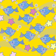 Funny seamless pattern with fish swimming in the Yellow Sea. Fabric print for baby in vector.