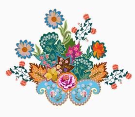 Beautiful print for fabric with paisley, flowers and leaves, made in the style of patchwork embroidery. Vector illustration.
