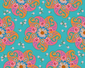 Beautiful seamless pattern with paisley and garden flowers on a bluish green background in vector. Print for fabric in ethnic style.