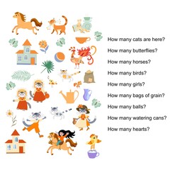 Fototapeta premium Arithmetic game for kids. Count the objects in the picture. Study sheet. Mindfulness training. Vector illustration.