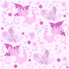 Beautiful seamless print for fabric with hot pink fabulous peacocks, bouquets of flowers and small paisleys on a soft pinkish background in vector.