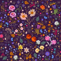 Fototapeta premium Funny garden flowers with berries, leaves, roots, bulbs and butterflies isolated on dark purple background in vector. Seamless romantic floral pattern. Print for fabric, wallpaper. Design elements.