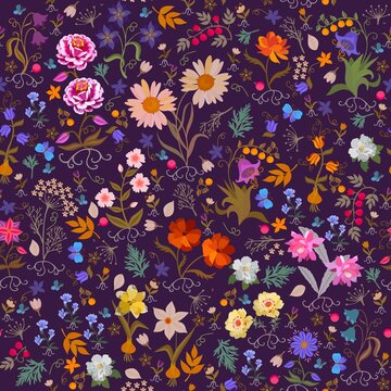 Funny garden flowers with berries, leaves, roots, bulbs and butterflies isolated on dark purple background in vector. Seamless romantic floral pattern. Print for fabric, wallpaper. Design elements.